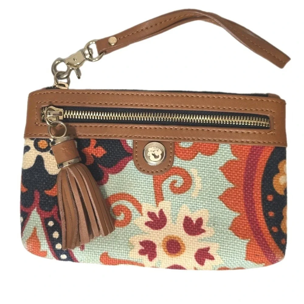 Spartina Clutch Wristlet Wallet Leather & Linen Floral Design 7.5